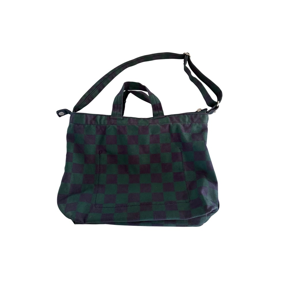 BAGGU Horizontal Duck Bag Green Navy Blue Checkered Canvas Tote Crossbody